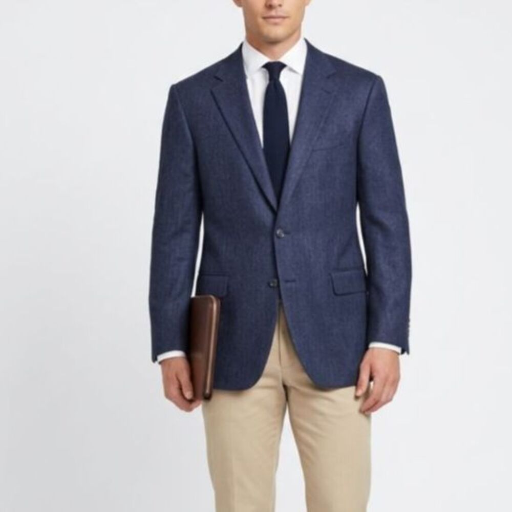 Samuelsohn Men's Navy Blue Herringbone Super 110s Wool Sport Coat Size 49R